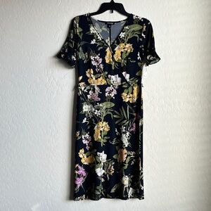 Roz & Ali Women Floral Print Faux Wrap V-Neck Short Sleeve Midi Dress Size XS